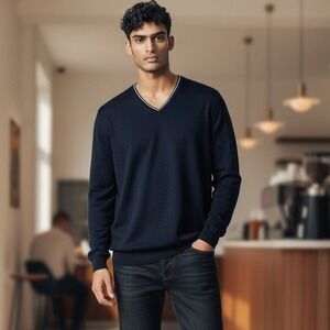 Paul Fredrick Sweater Mens Medium Blue V-Neck‎ Long Sleeve 100% Supima Cotton